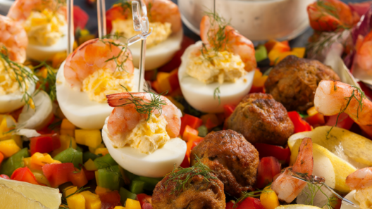 Festive New Year's Eve appetizer spread with deviled eggs, shrimp cocktail, mini meatballs and vegetable crudites with dip on a dark slate table