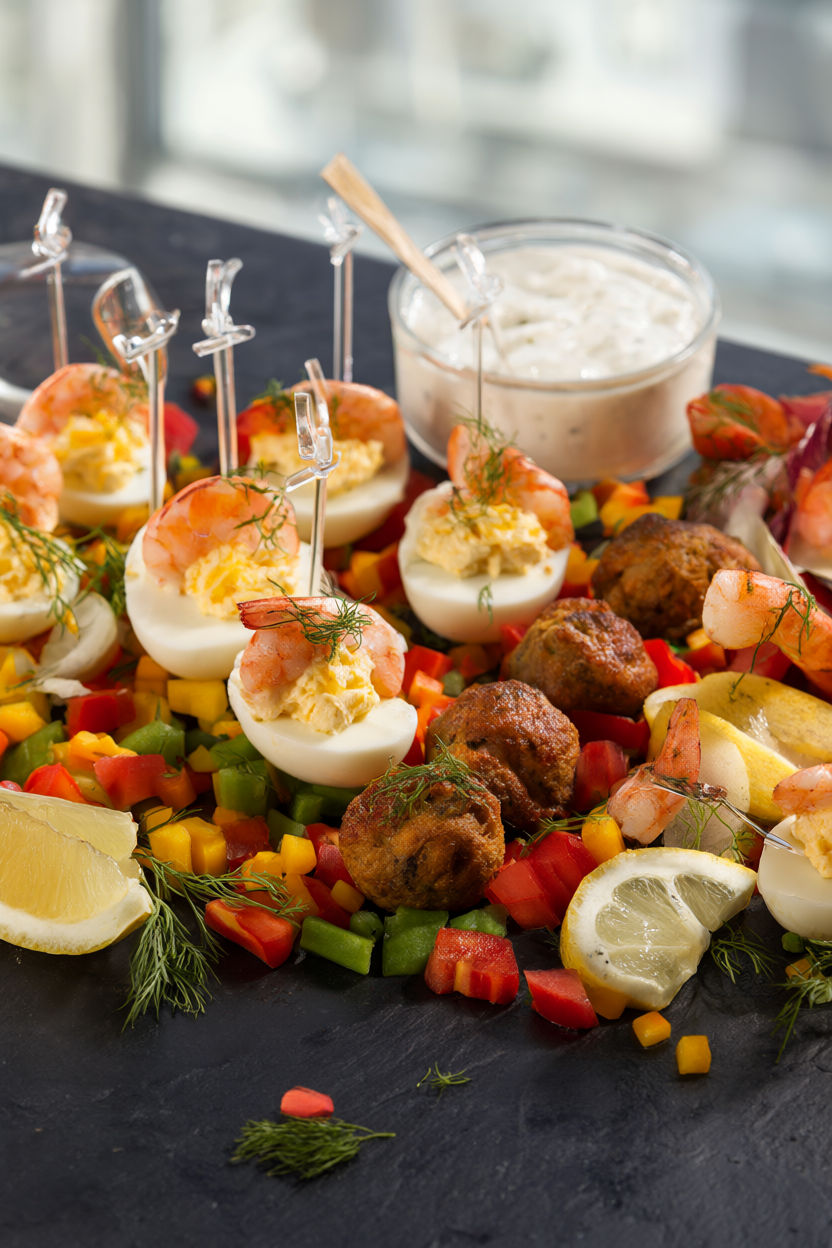 Festive New Year's Eve appetizer spread with deviled eggs, shrimp cocktail, mini meatballs and vegetable crudites with dip on a dark slate table
