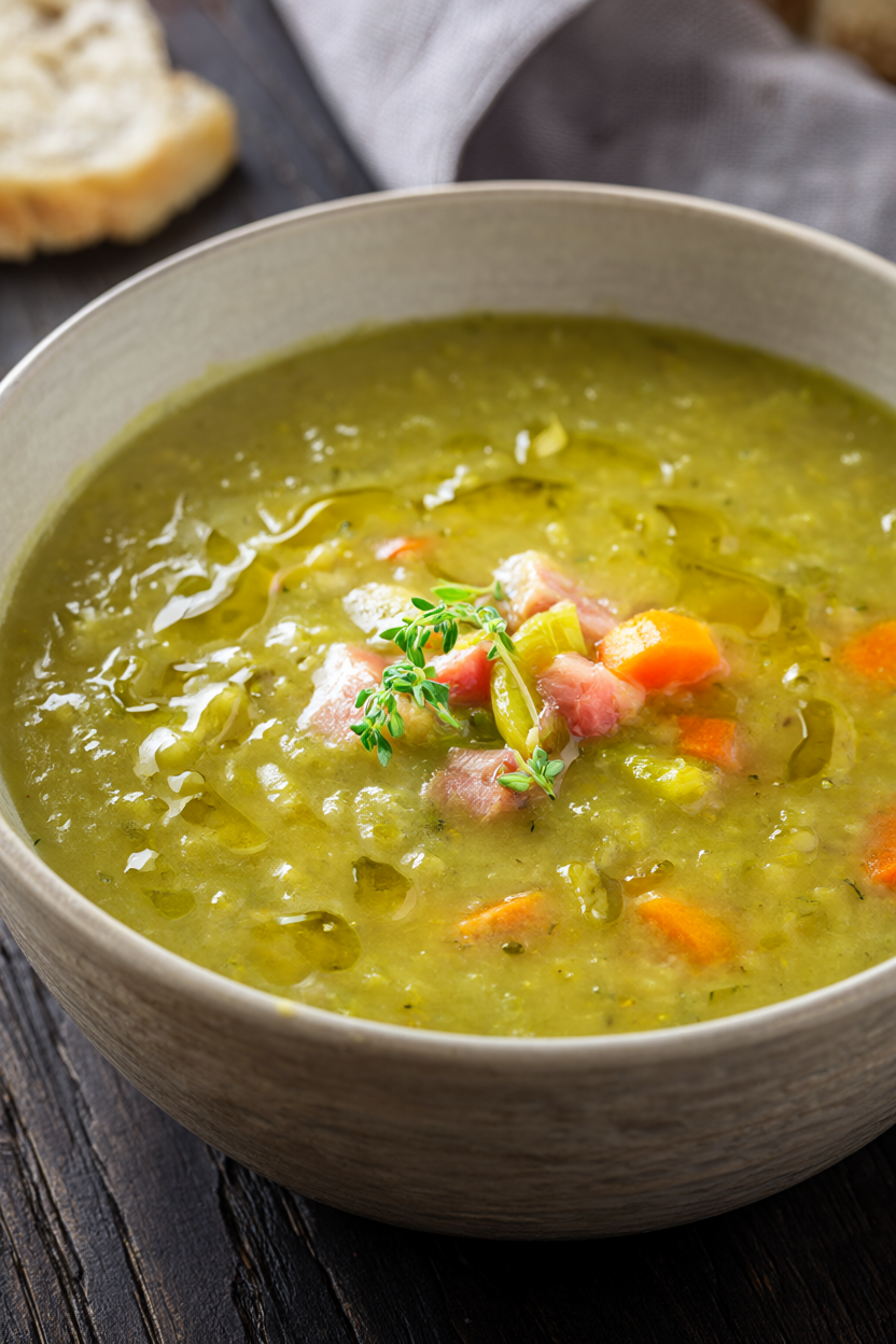 Rustic bowl of green split pea soup with ham, carrots, and celery, garnished with fresh thyme