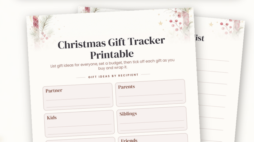 Preview of the free Christmas gift tracker printable: recipient gift-idea boxes, a gift checklist and budget notes on three letter-size pages.