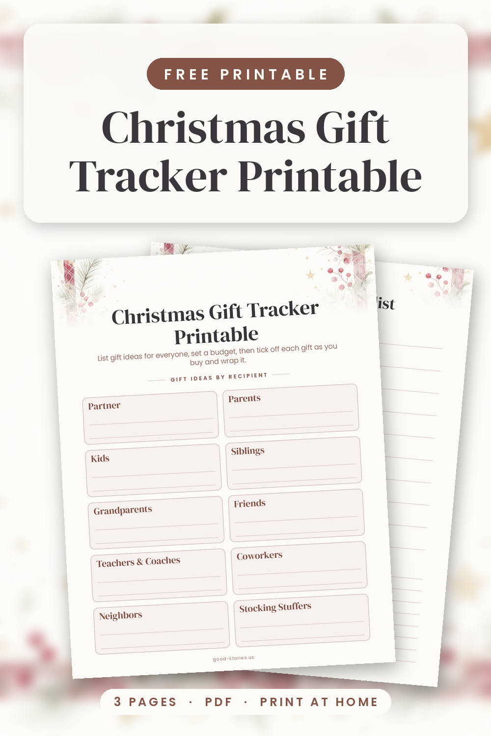 Preview of the free Christmas gift tracker printable: recipient gift-idea boxes, a gift checklist and budget notes on three letter-size pages.