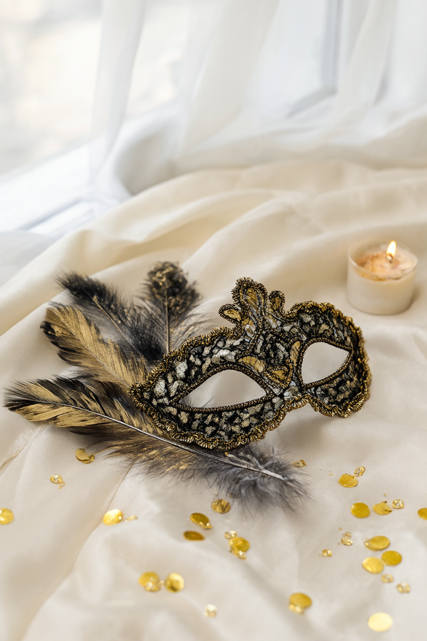 Finished black-and-gold lace masquerade mask with a feather fan and sequins propped on ivory silk by candlelight