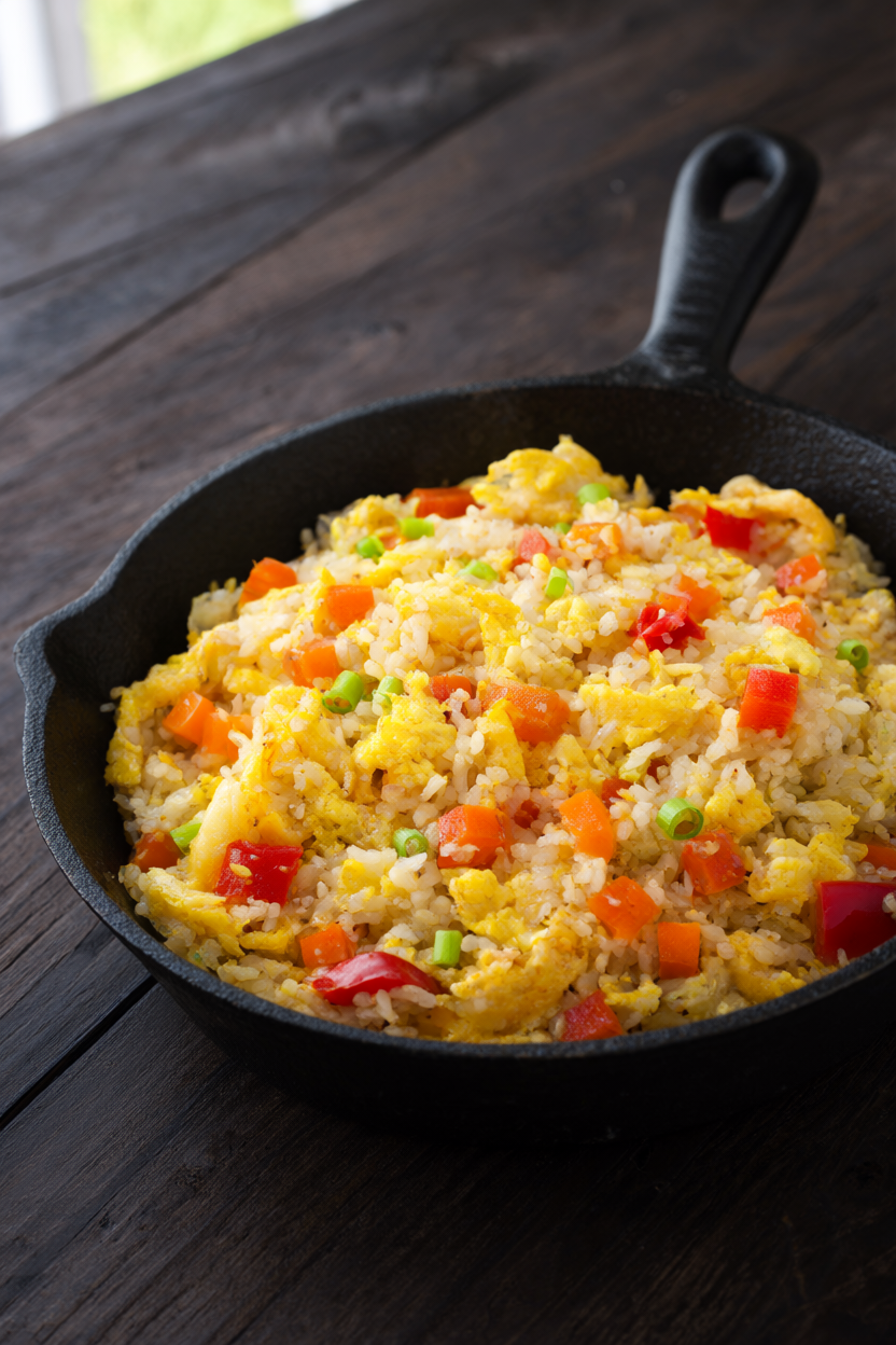 Cauliflower fried rice with scrambled egg, carrots, bell pepper, and scallions in a black cast-iron skillet.