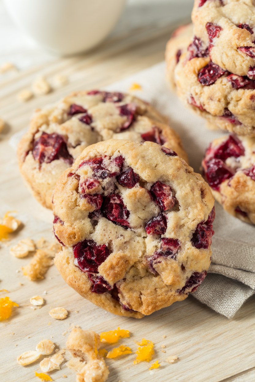 Cranberry orange cookies with fresh cranberries on a wooden bakery table