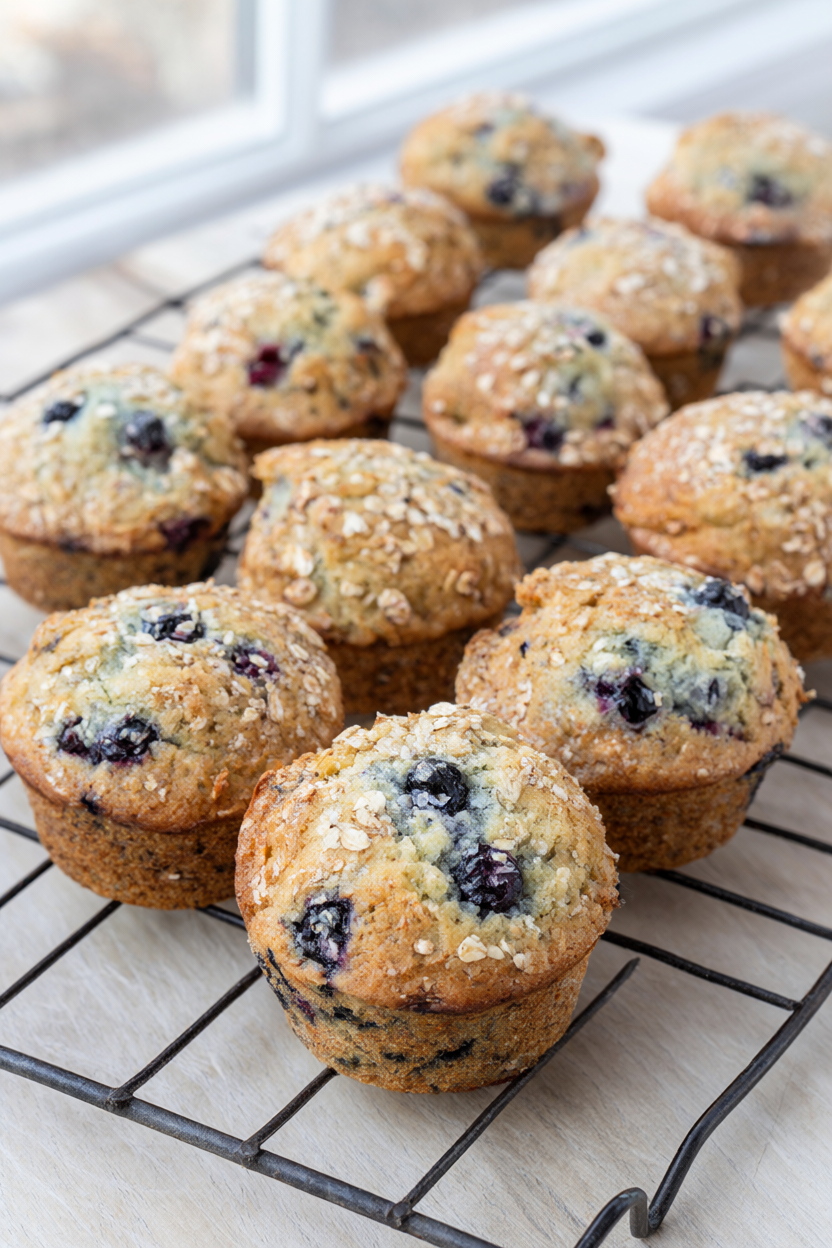 Golden blueberry oatmeal muffins with bursting blueberries on a wire cooling rack