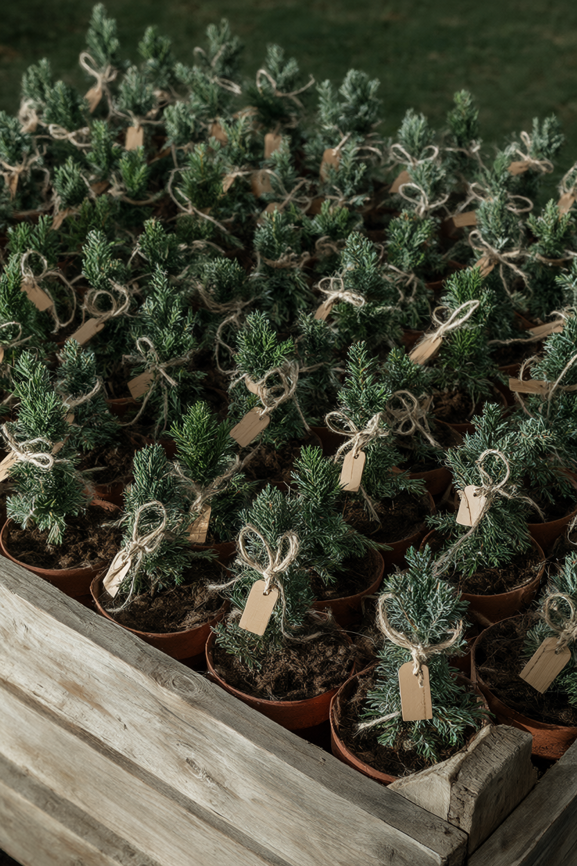 Rows of tiny potted evergreen saplings with twine bows and wooden tags on a rustic wooden tray