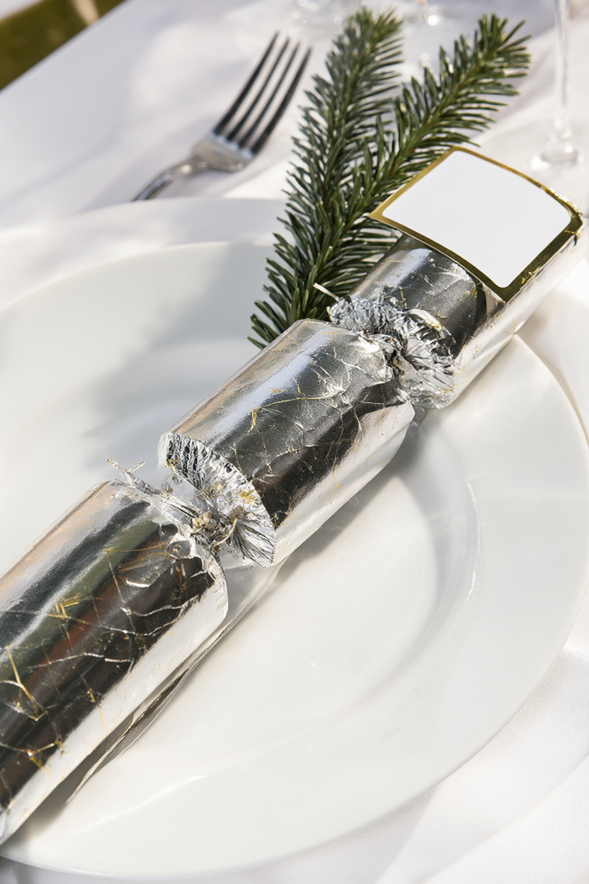 A close-up place setting with a foil holiday cracker, name tag and evergreen sprig beside white plates