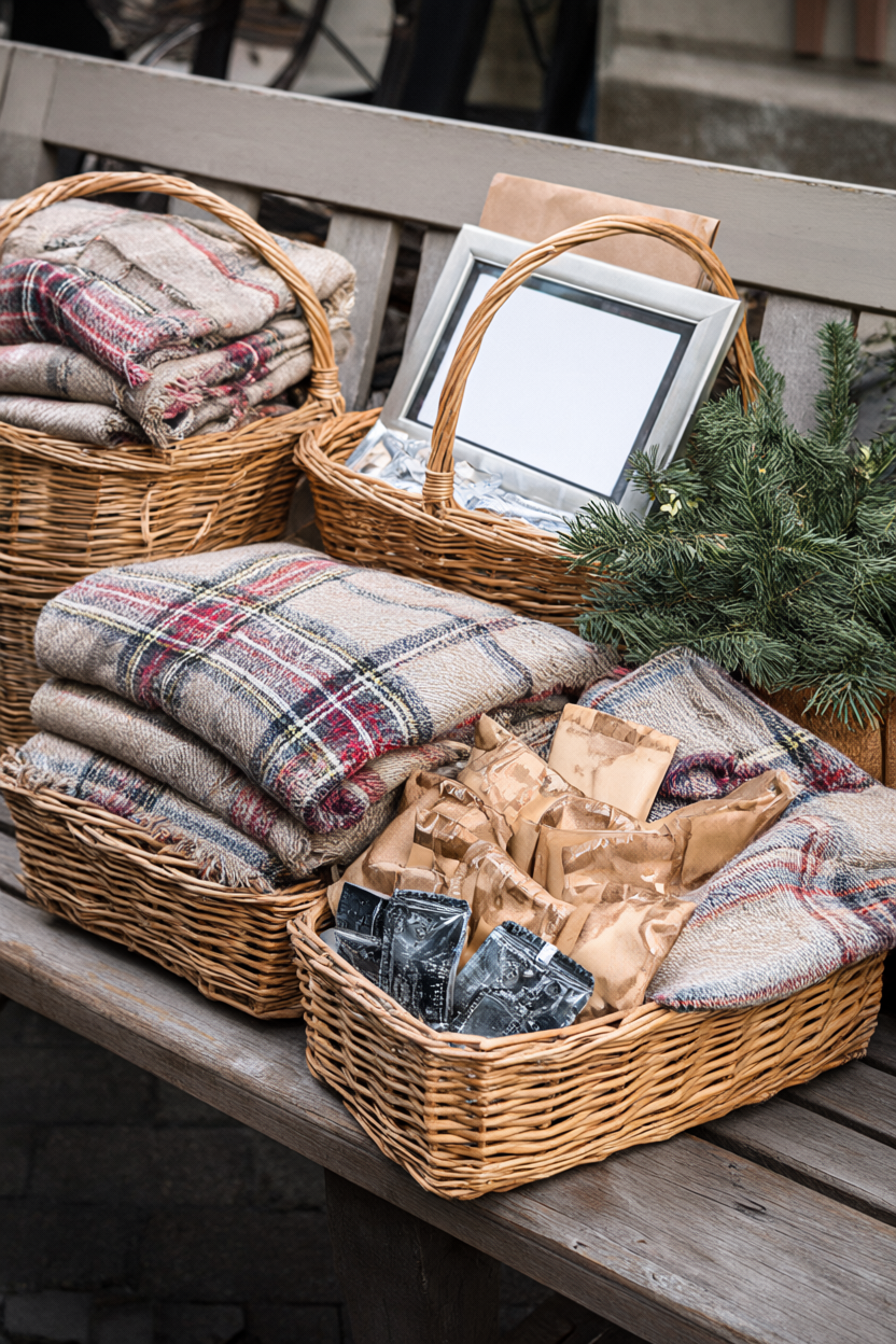 Woven baskets of folded plaid blankets and hand warmer packs on a bench with a small sign