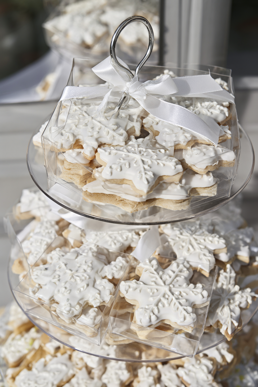 White-iced snowflake sugar cookies in clear window boxes with satin ribbon stacked on a tiered stand