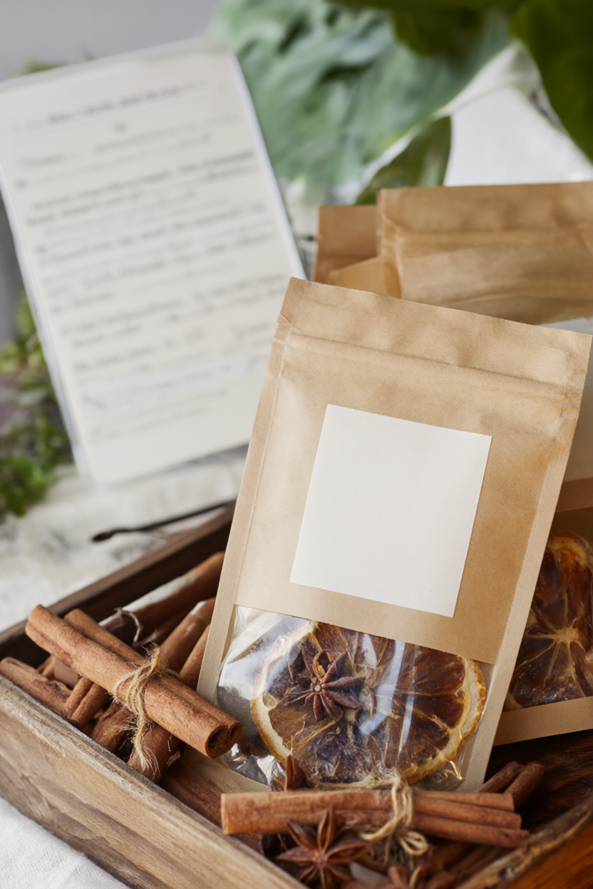Kraft spice pouches with cinnamon sticks, star anise and dried orange slices in a wooden crate beside a recipe card