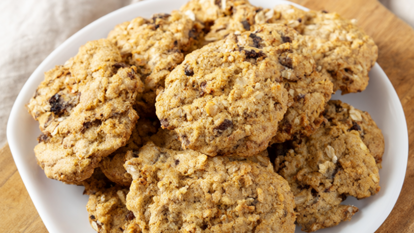 Golden holiday cookies with dark chocolate chunks and rolled oats on a rustic wooden board
