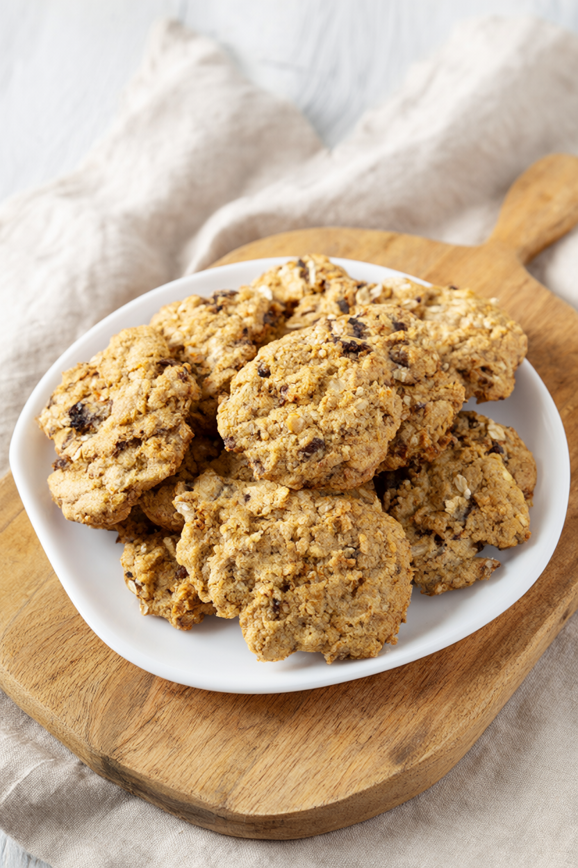 Golden holiday cookies with dark chocolate chunks and rolled oats on a rustic wooden board