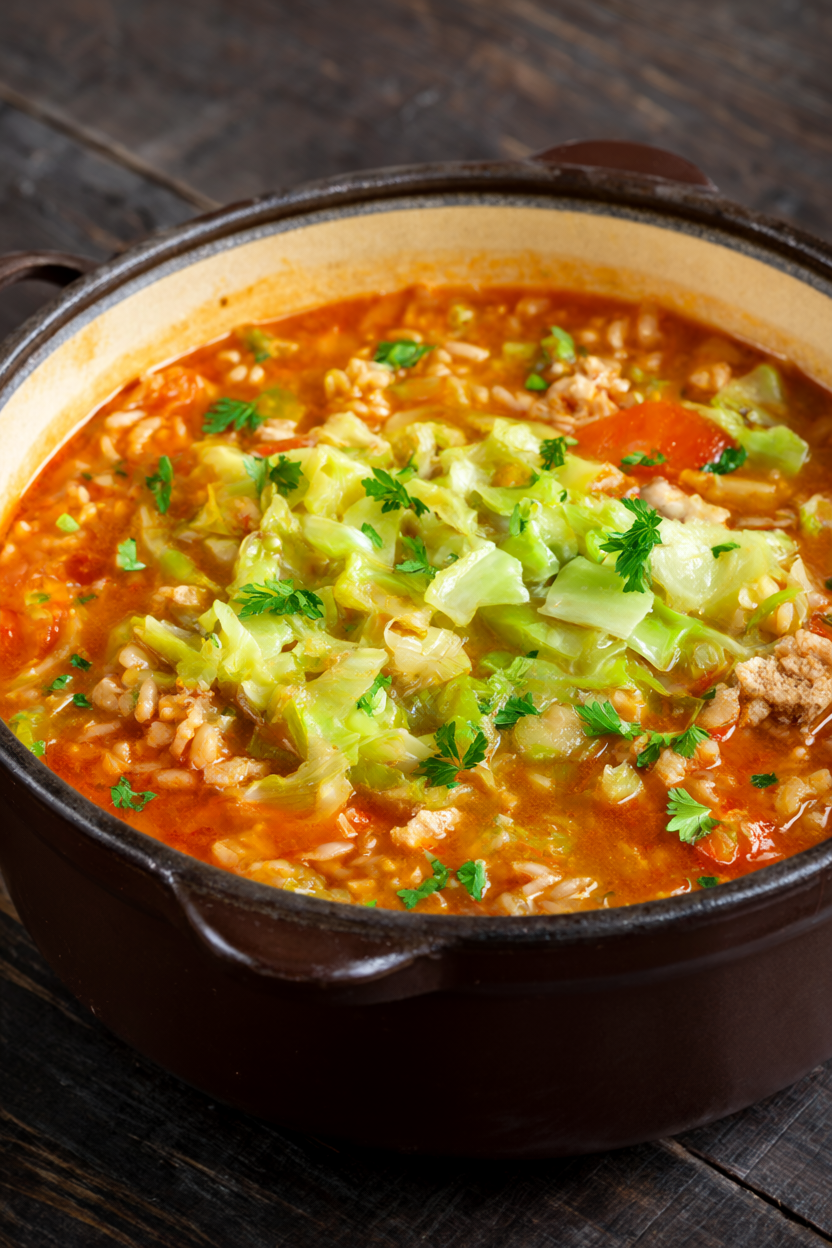 Rustic Dutch oven of one-pot cabbage roll soup with green cabbage, ground turkey and brown rice in a rich tomato broth.