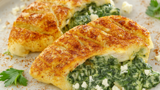 Baked spinach and feta stuffed chicken breasts with a creamy filling, on a rustic platter