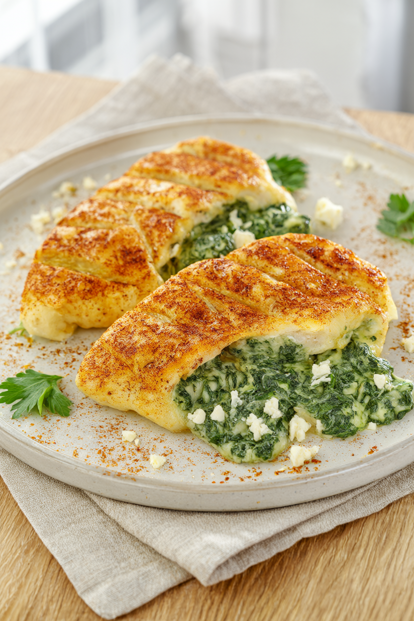 Baked spinach and feta stuffed chicken breasts with a creamy filling, on a rustic platter
