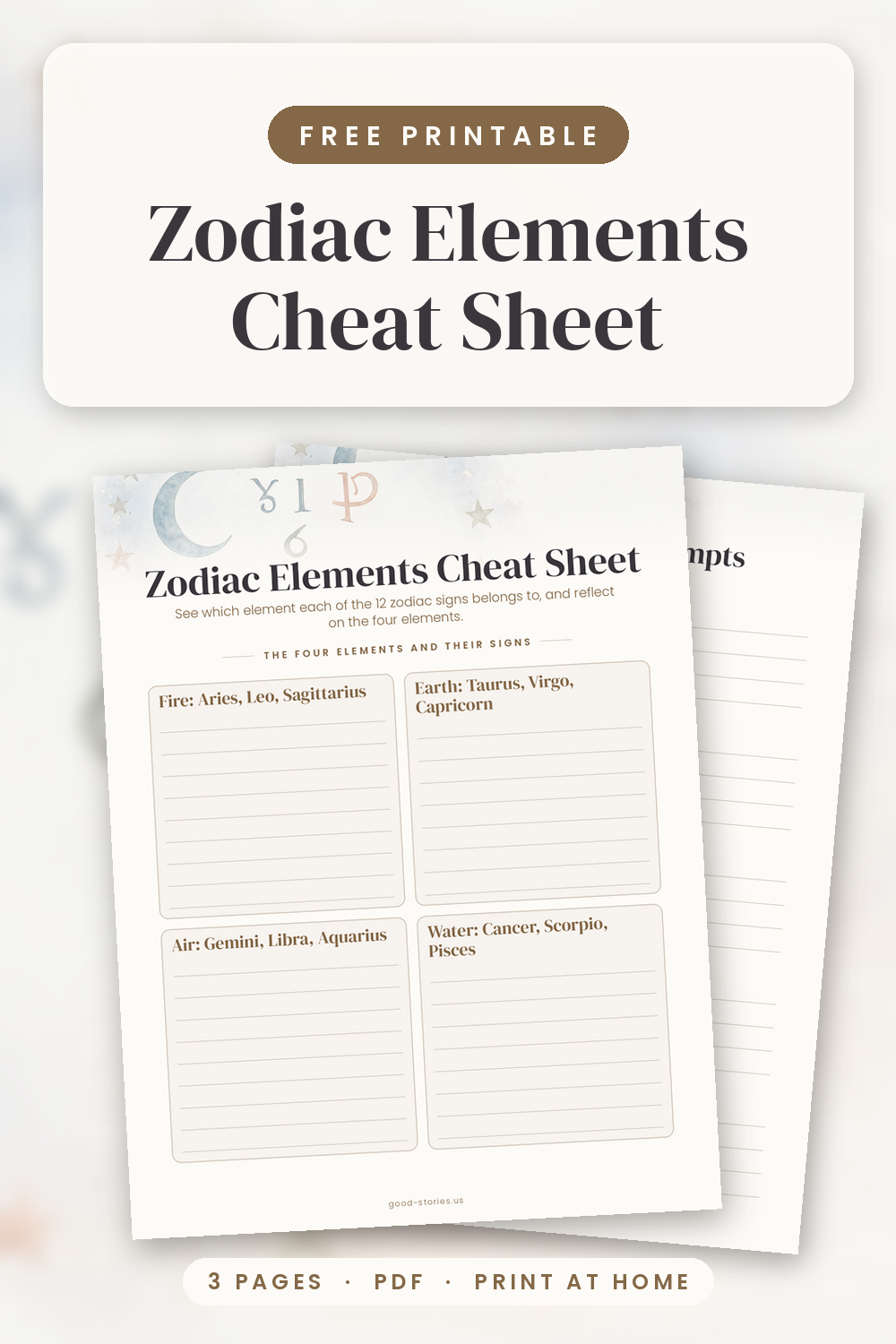 Printable zodiac elements cheat sheet with four element boxes listing the 12 zodiac signs, plus reflection prompts and a lined notes page