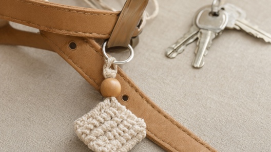 Finished cream cotton macrame keychain with a flat square-knot band, 16 mm wooden bead and short fringe, clipped to a tan leather handbag strap beside house keys on oatmeal linen