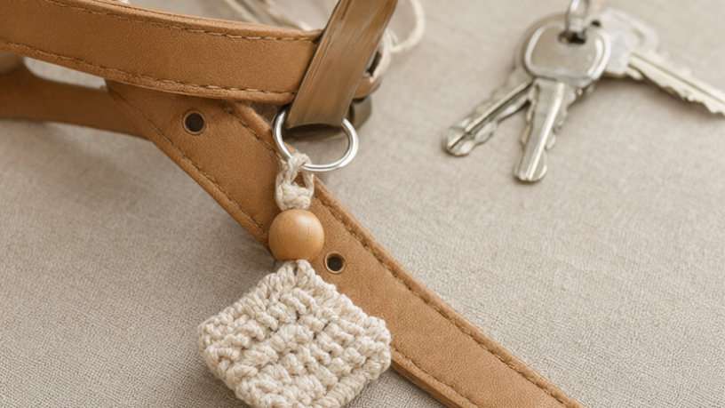Finished cream cotton macrame keychain with a flat square-knot band, 16 mm wooden bead and short fringe, clipped to a tan leather handbag strap beside house keys on oatmeal linen