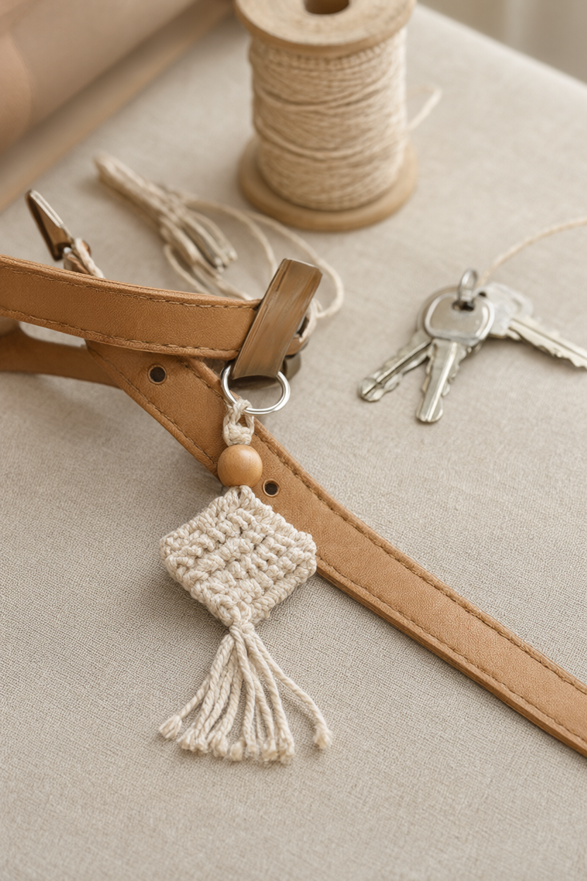 Cream cotton macrame keychain with a square-knot band, wooden bead and short fringe clipped to a tan leather handbag strap beside a set of house keys on an oatmeal linen surface