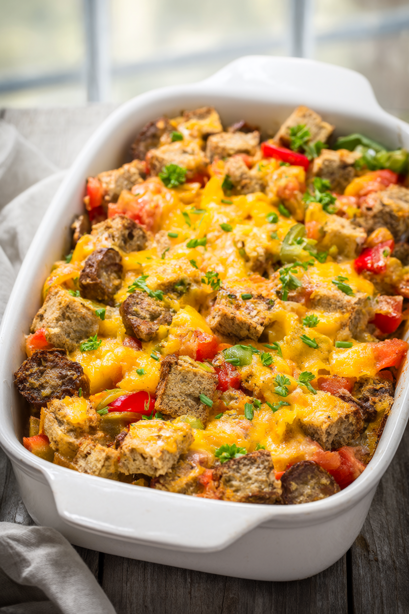 Golden-baked Christmas breakfast casserole with turkey sausage, sweet peppers and melted cheddar in a white baking dish