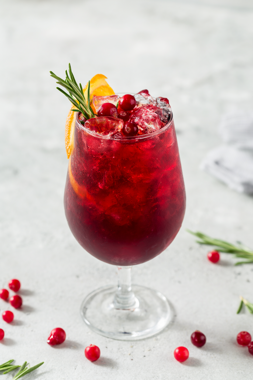 Sparkling cranberry mocktail in a tall glass with rosemary, cranberries and an orange slice