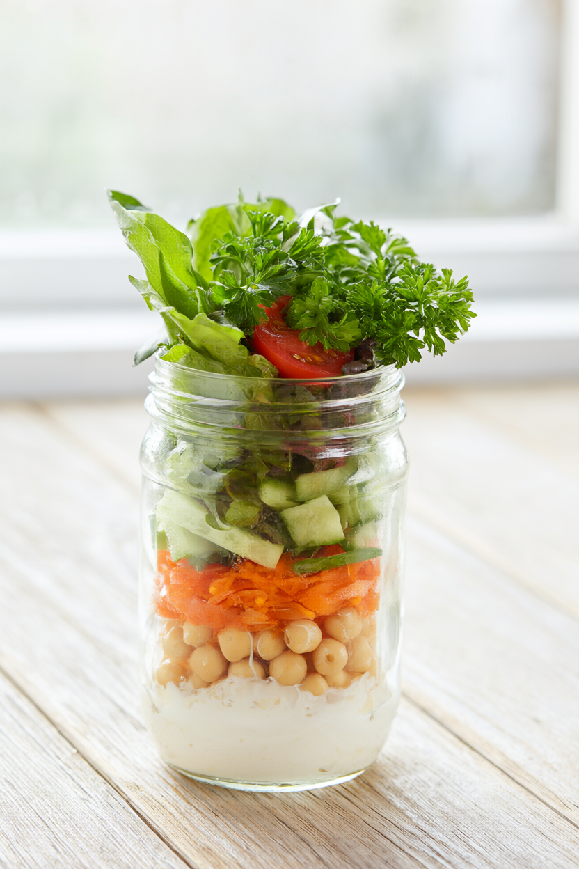 Layered mason jar salad with chickpeas, carrots, cucumber, cherry tomatoes and greens over creamy dressing