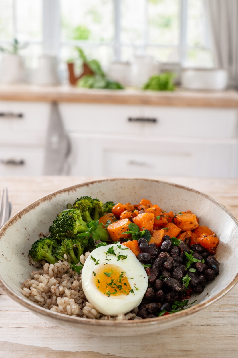 Healthy budget dinner bowl with brown rice, black beans, roasted carrots, broccoli and a soft-boiled egg