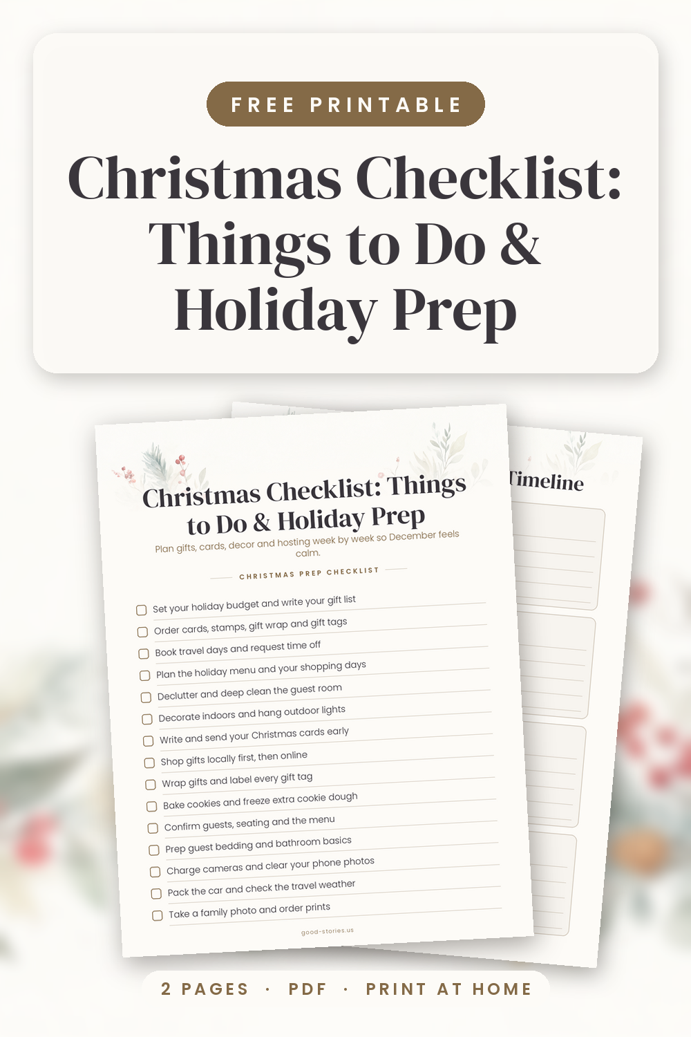 Free Christmas checklist printable: 15 holiday prep tasks plus a week-by-week countdown timeline from 6 weeks out to after Christmas