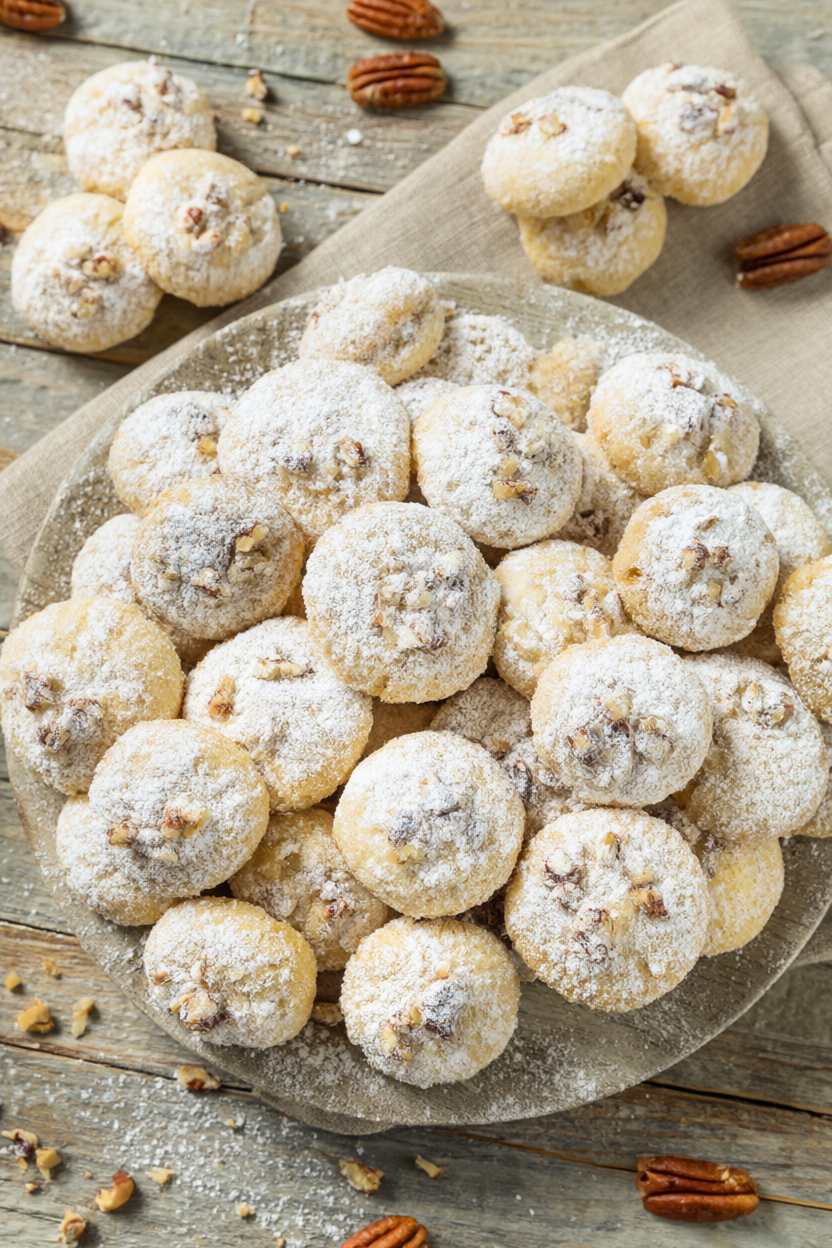 Buttery pecan snowball cookies rolled in powdered sugar on a rustic wooden table