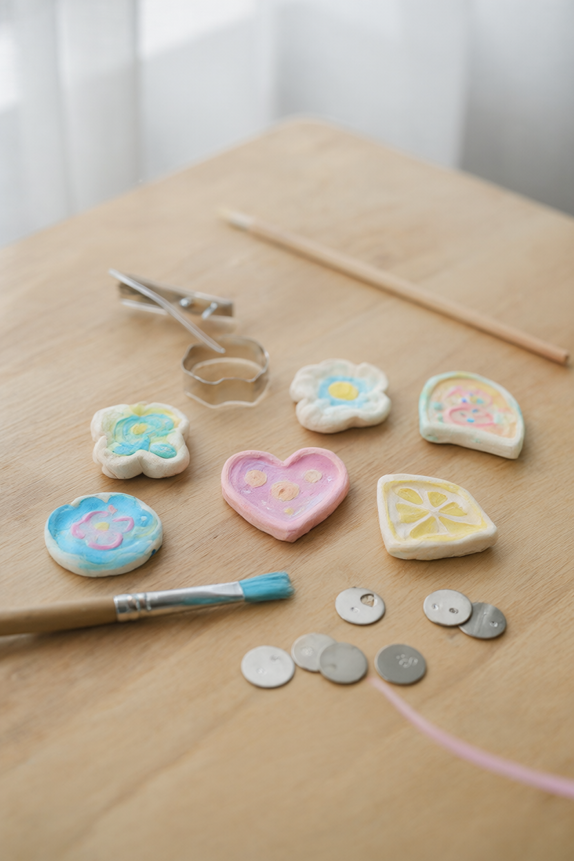 Finished pastel air-dry clay fridge magnets in flower, heart and citrus-slice shapes with painted details on a light oak craft table