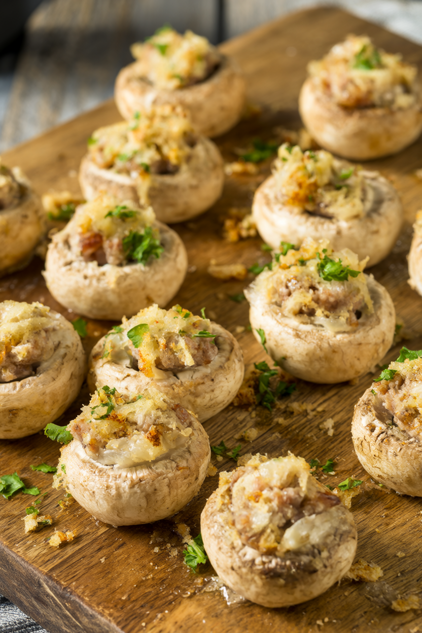 Baked sausage stuffed mushrooms with golden Parmesan tops and fresh parsley on a rustic wooden serving board.