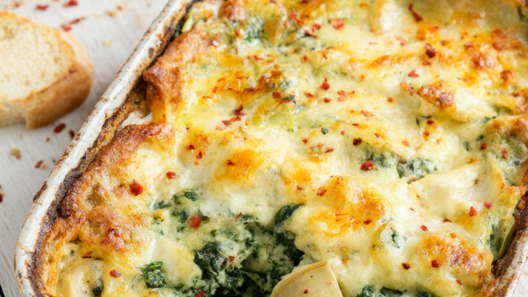 Baked spinach artichoke dip with Greek yogurt, topped with golden bubbly mozzarella and Parmesan cheese in a ceramic baking dish