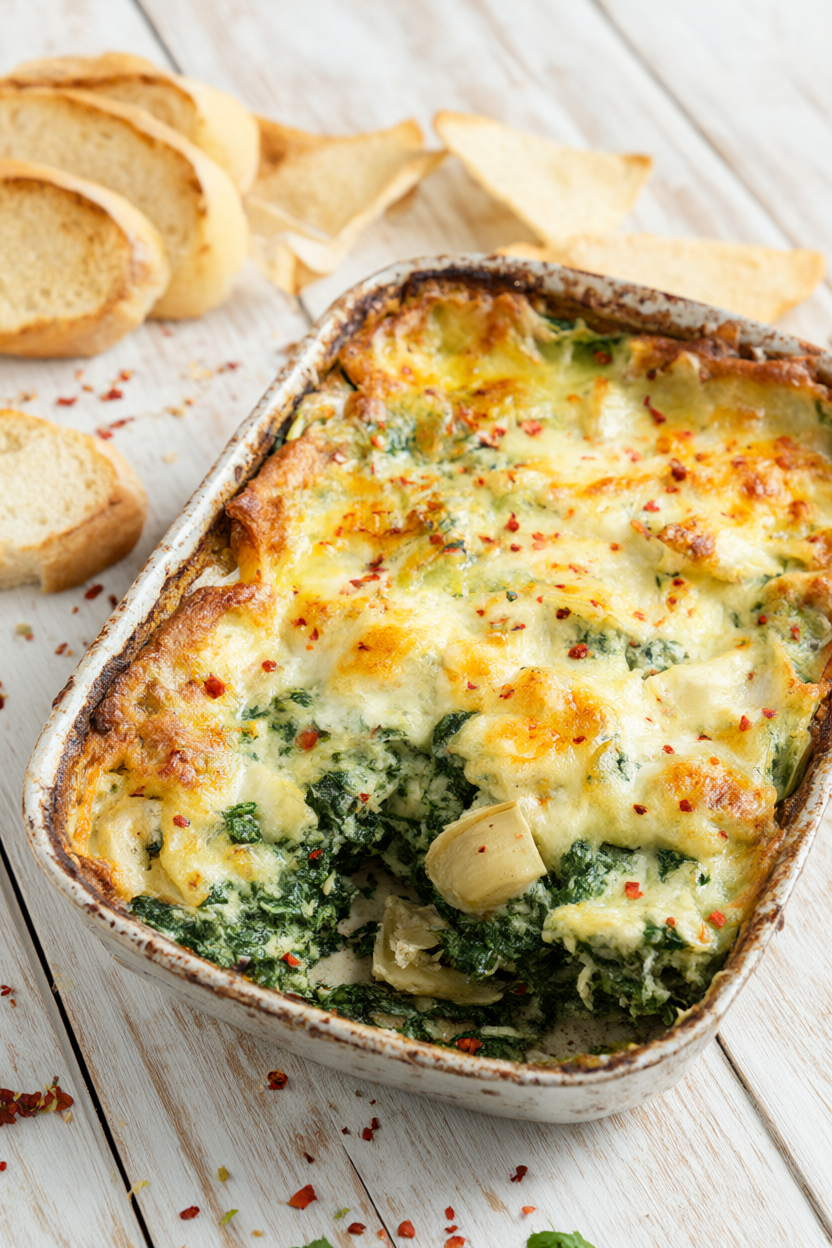 Baked spinach artichoke dip with Greek yogurt, topped with golden bubbly mozzarella and Parmesan cheese in a ceramic baking dish