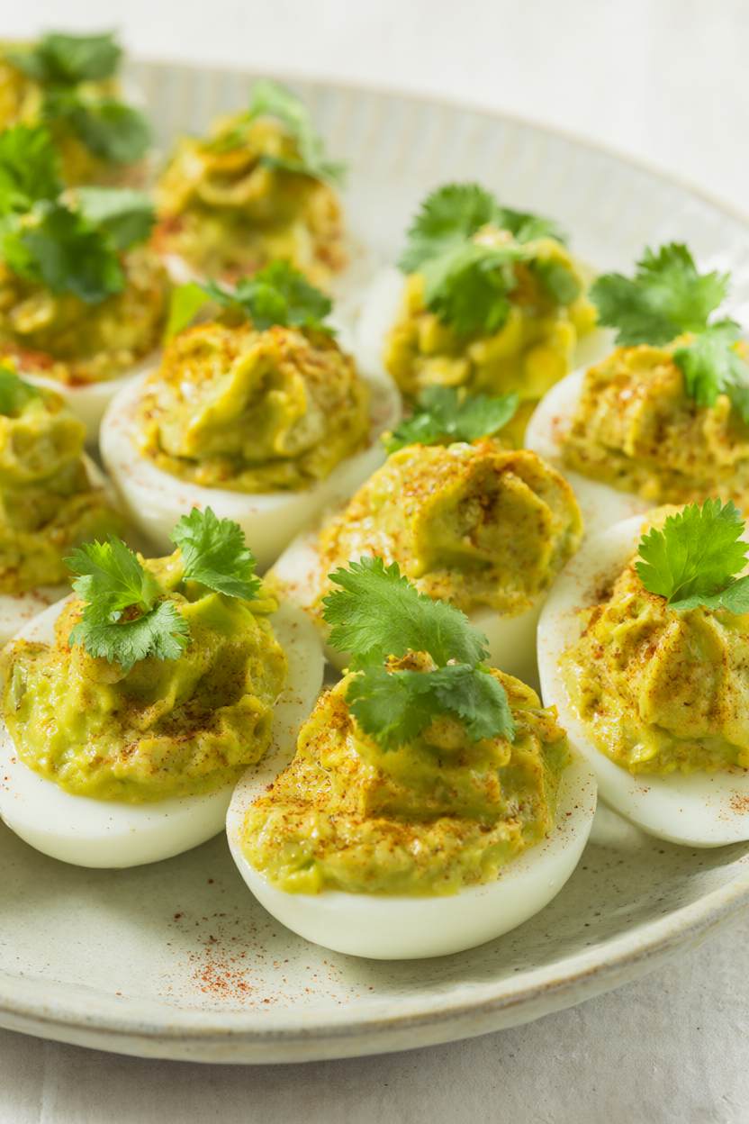 Avocado deviled eggs on a platter, garnished with cilantro and smoked paprika