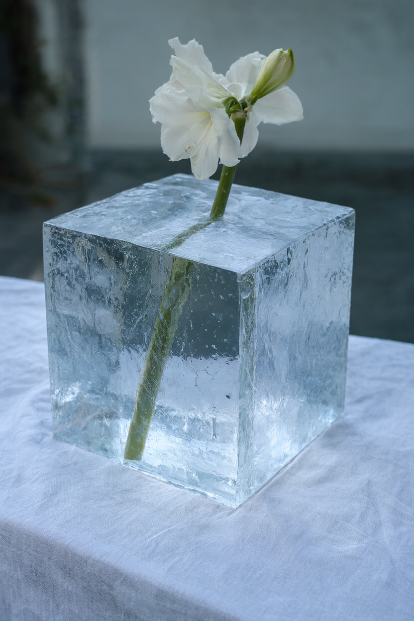 Clear ice-look cube with a white amaryllis stem inside on a white linen runner