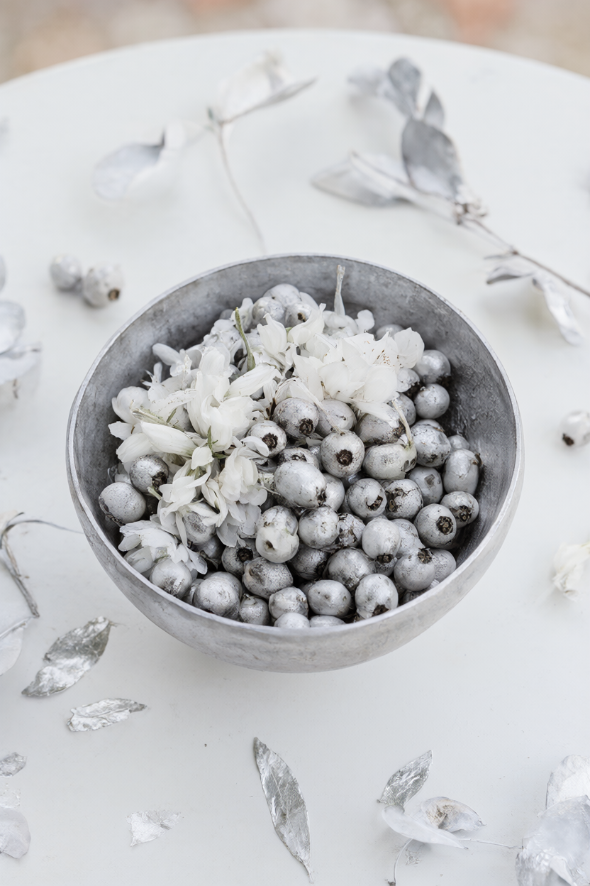 Matte silver bowl of silvery berries and white blooms on a white table with loose silvery leaves