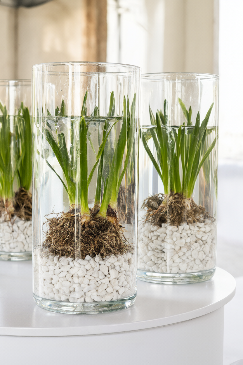 Three clear glass cylinders with white pebbles, visible roots and green paperwhite shoots on a white table