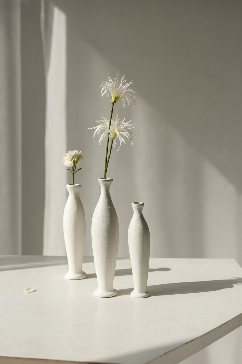 Three slender white column vases with one white stem each on a bare white tabletop in strong side light