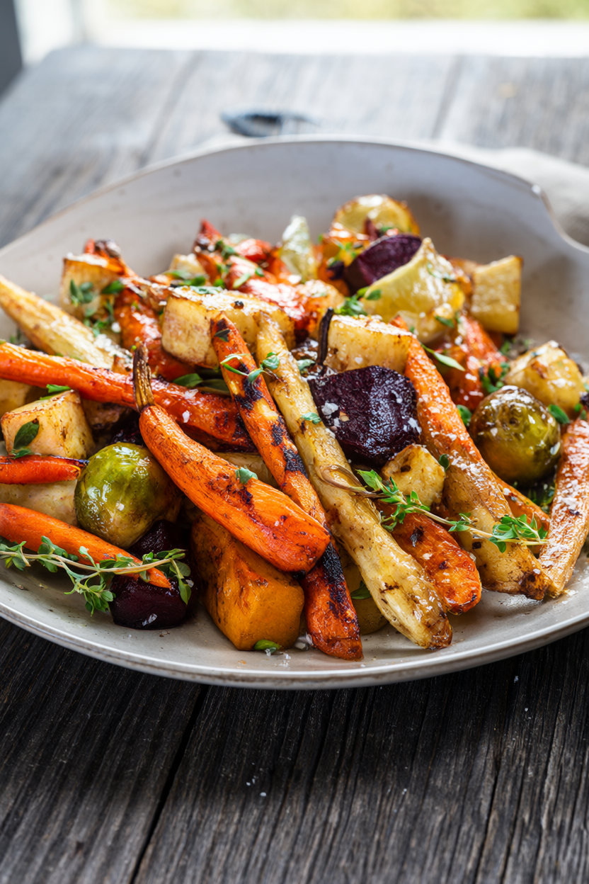 Roasted winter vegetables: carrots, parsnips, beets, Brussels sprouts and butternut squash on a rustic table
