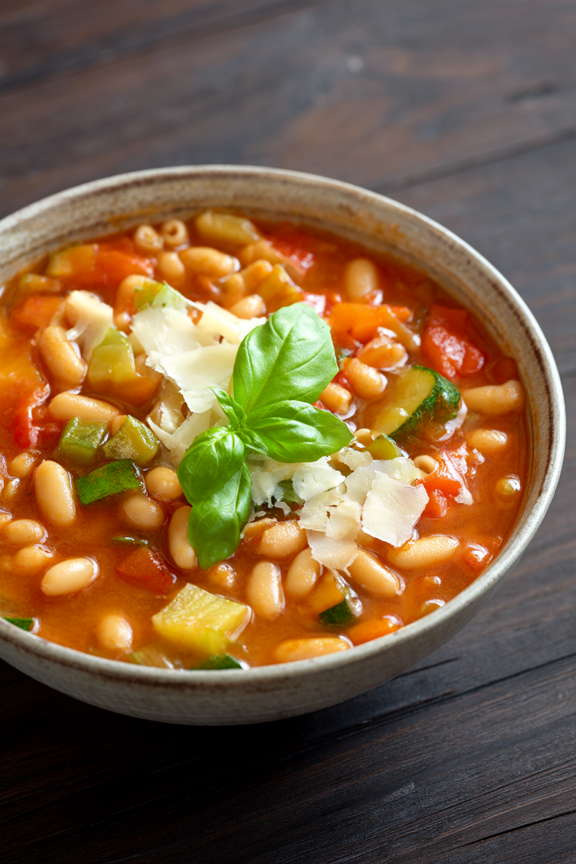Bowl of minestrone soup with cannellini beans, zucchini, carrots, celery and ditalini pasta topped with basil and parmesan