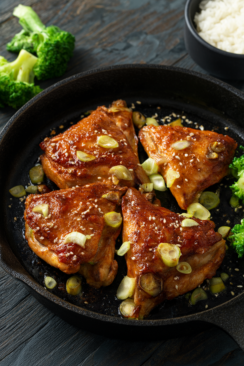 Golden glazed honey garlic chicken thighs with scallions and sesame seeds in a cast-iron skillet