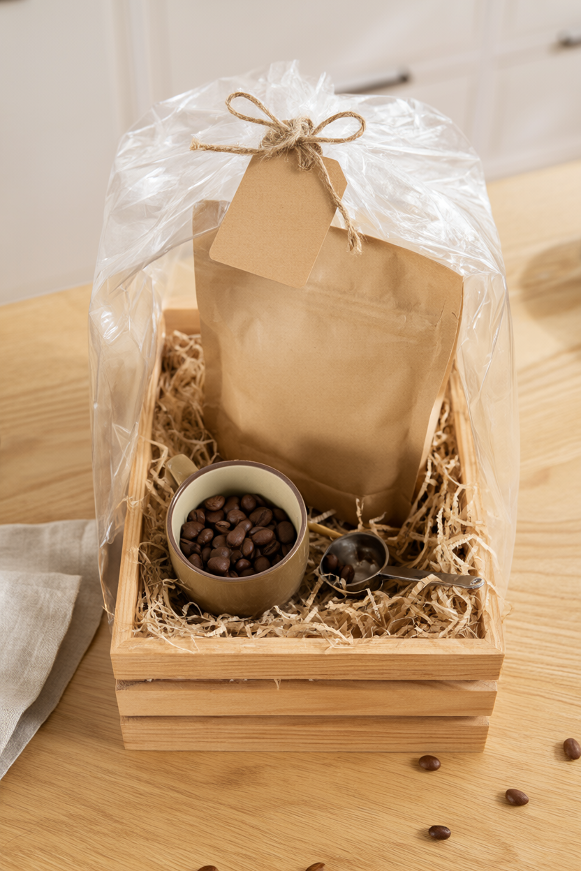 Finished DIY coffee gift basket in a wooden crate with a coffee bag, ceramic mug, espresso beans, kraft filler and a jute twine bow, on a kitchen counter
