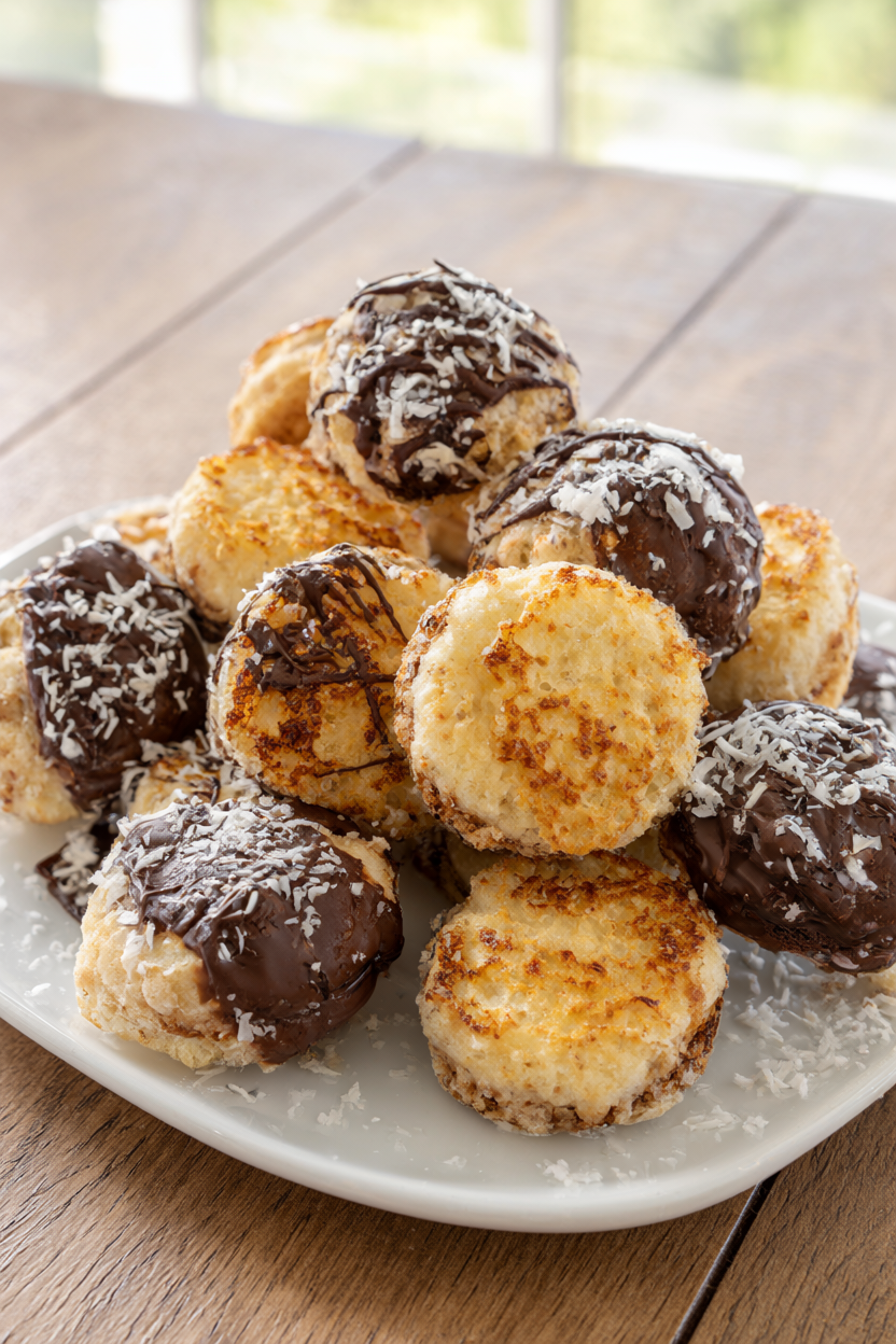 Golden coconut macaroons on a white plate, several dipped in dark chocolate.