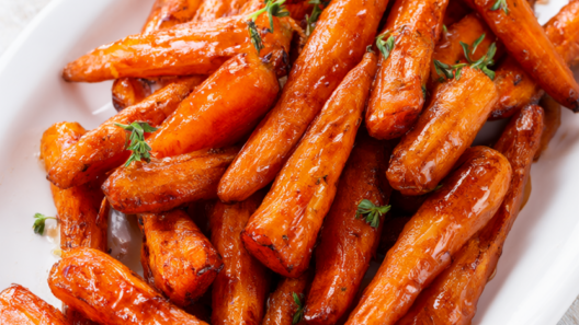 Maple roasted baby carrots in a glossy maple butter glaze with fresh thyme on a white platter