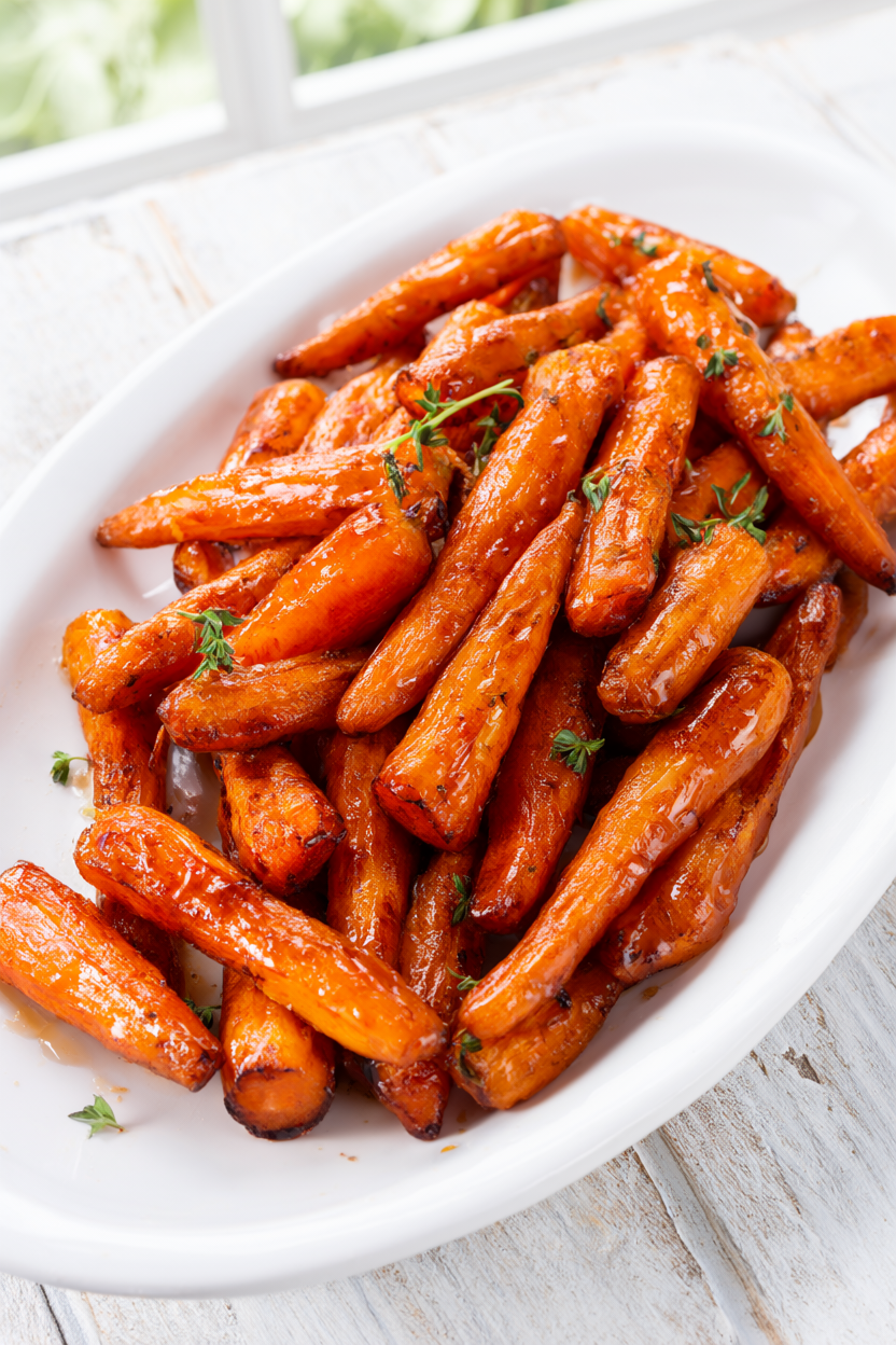 Maple roasted baby carrots in a glossy maple butter glaze with fresh thyme on a white platter