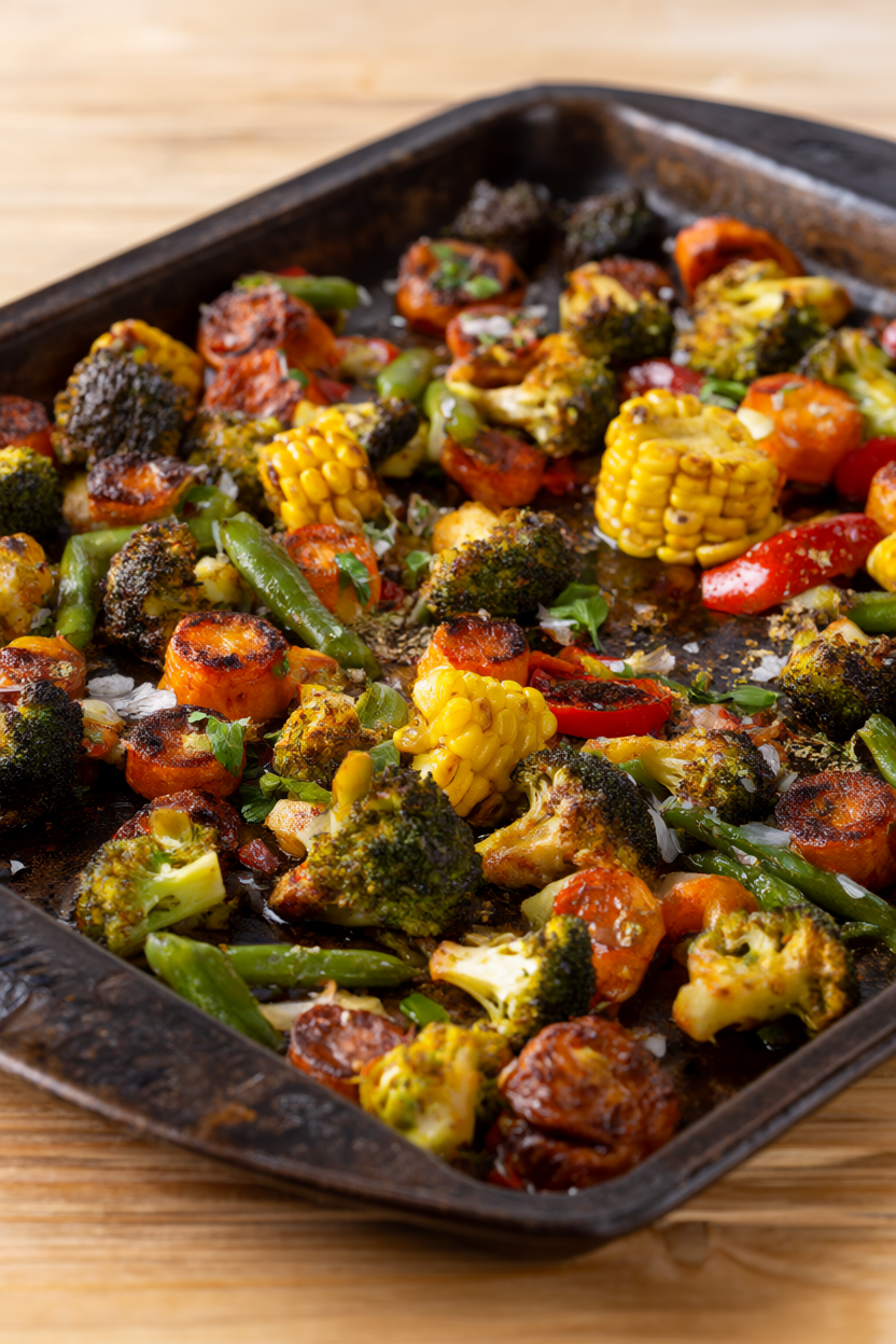 Roasted frozen mixed vegetables with browned edges on a dark sheet pan, garnished with parsley