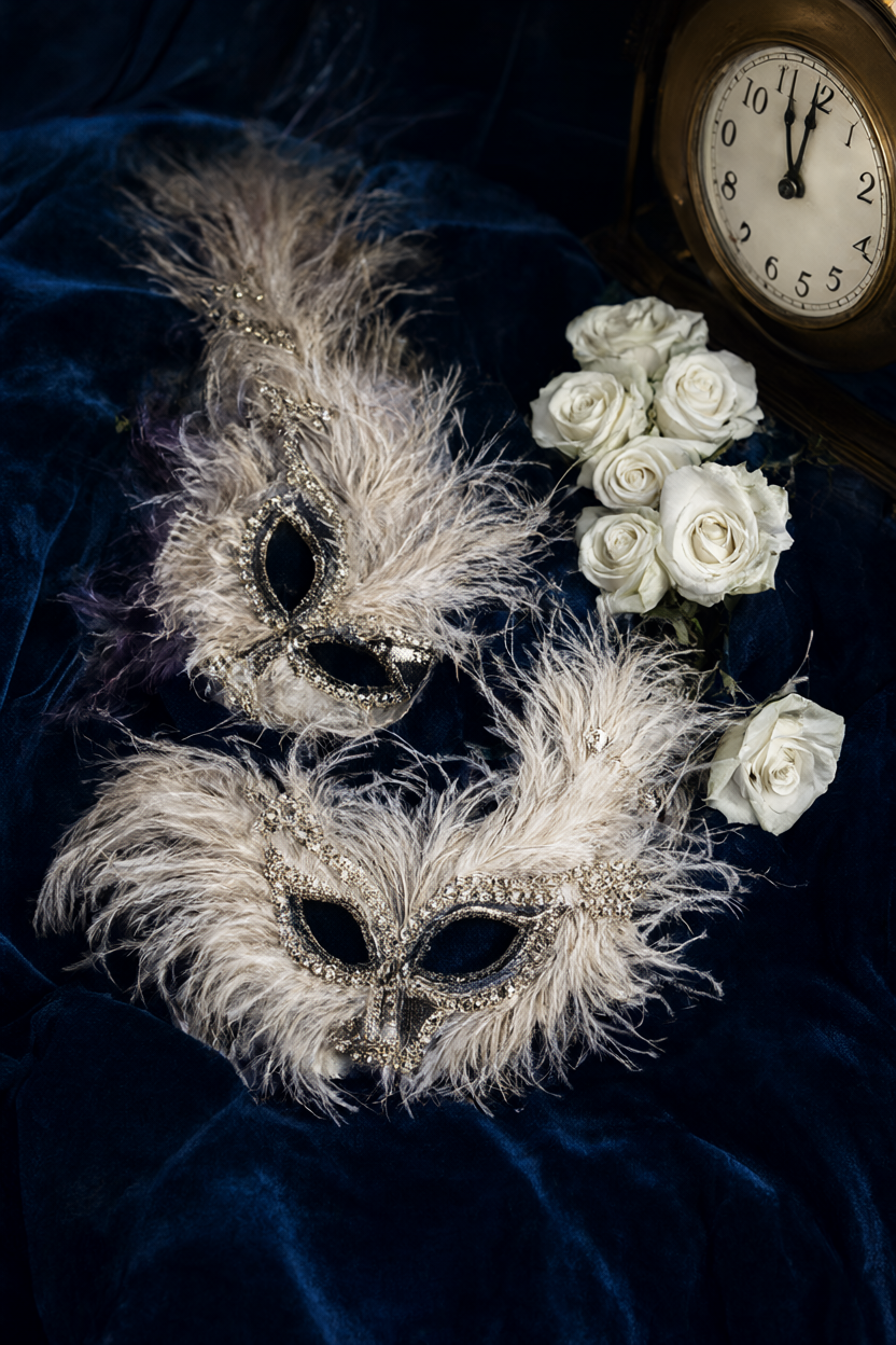 Two black-and-ivory feather masks with crystal edging on midnight-blue velvet beside white roses and a brass clock.