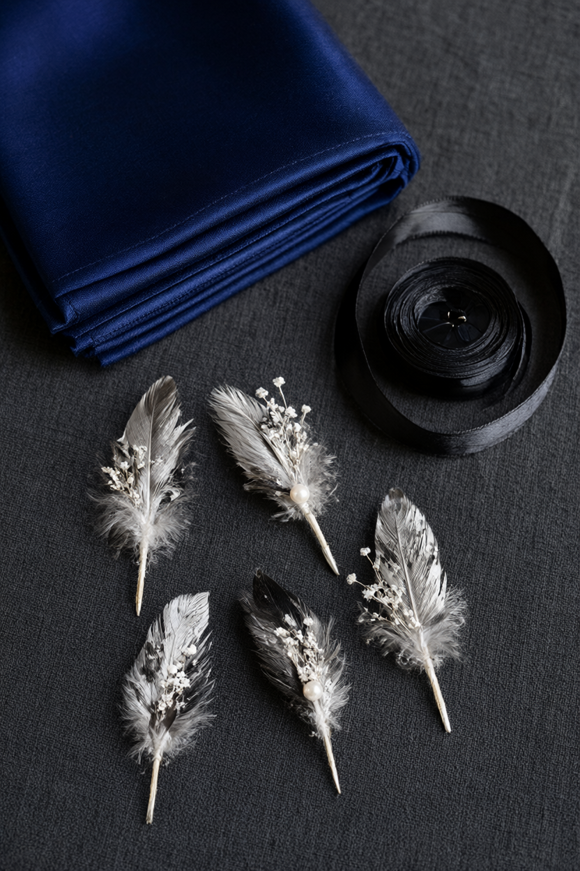 Six feather-and-pearl boutonnieres on charcoal linen with a midnight-blue pocket square and black satin ribbon.