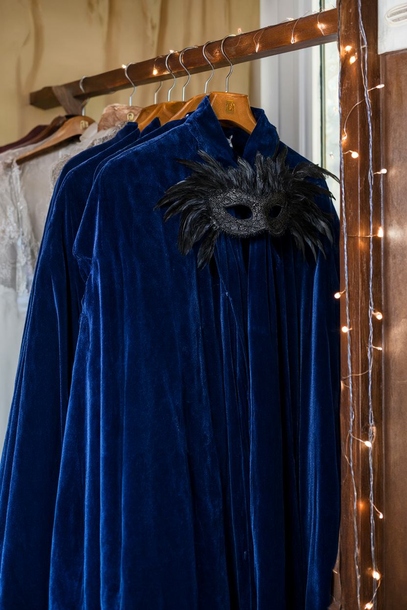 Midnight-blue velvet cloaks on wooden hangers with small gold number tags glowing under warm string lights.