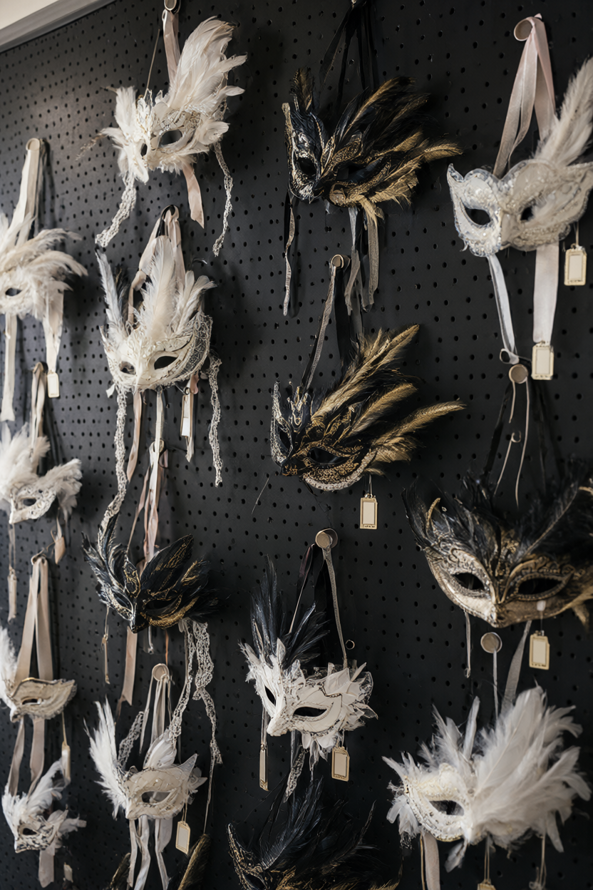 A black pegboard wall of feathered and lace masks on satin ribbons with gold-edged name tags.